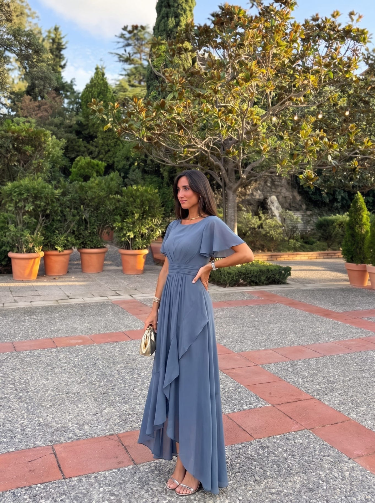 ever SAGE|Ruched Chiffon Ruffle Sleeve Bridesmaid Dress