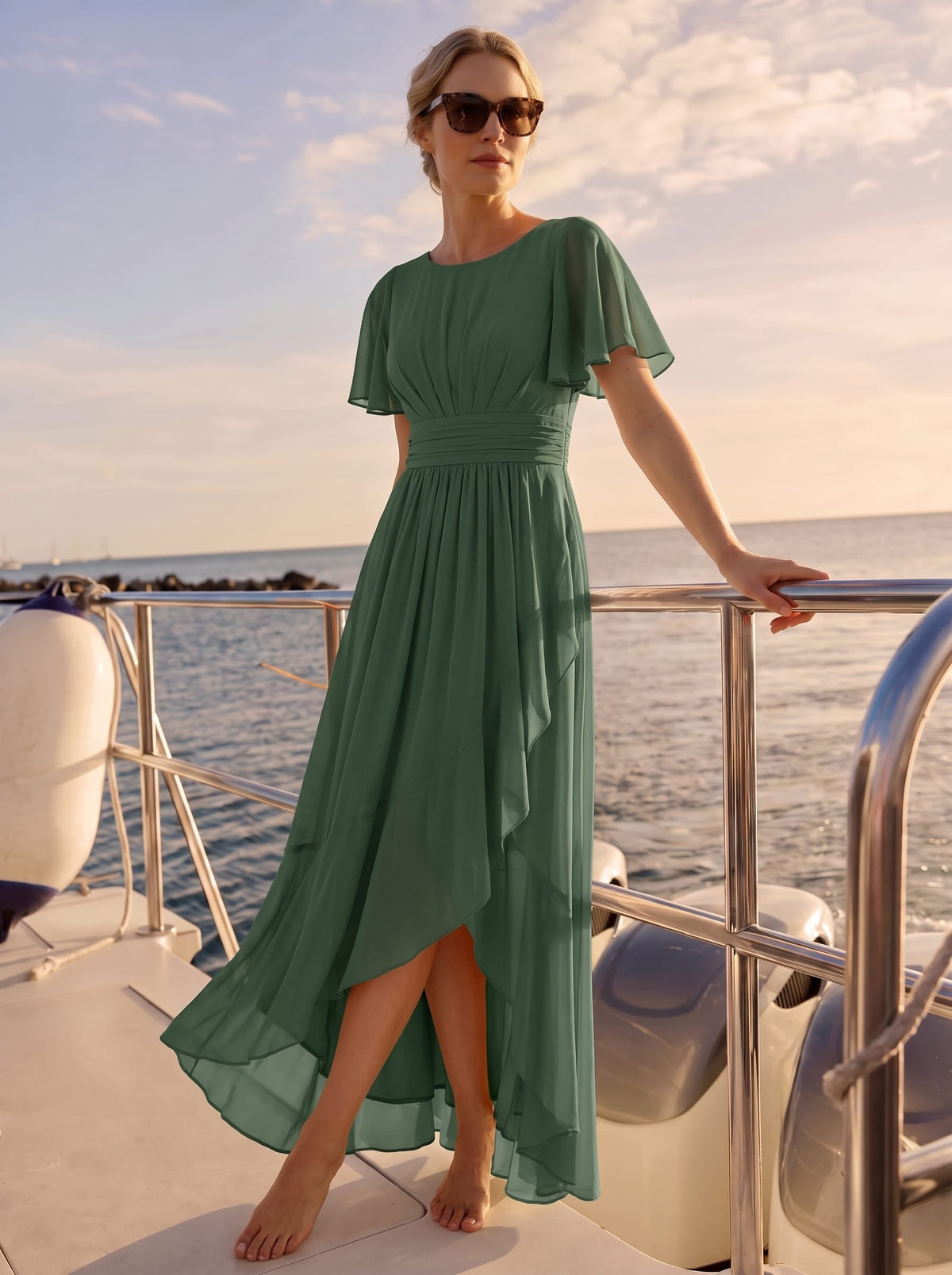 ever SAGE|Ruched Chiffon Ruffle Sleeve Wedding Guest Dress