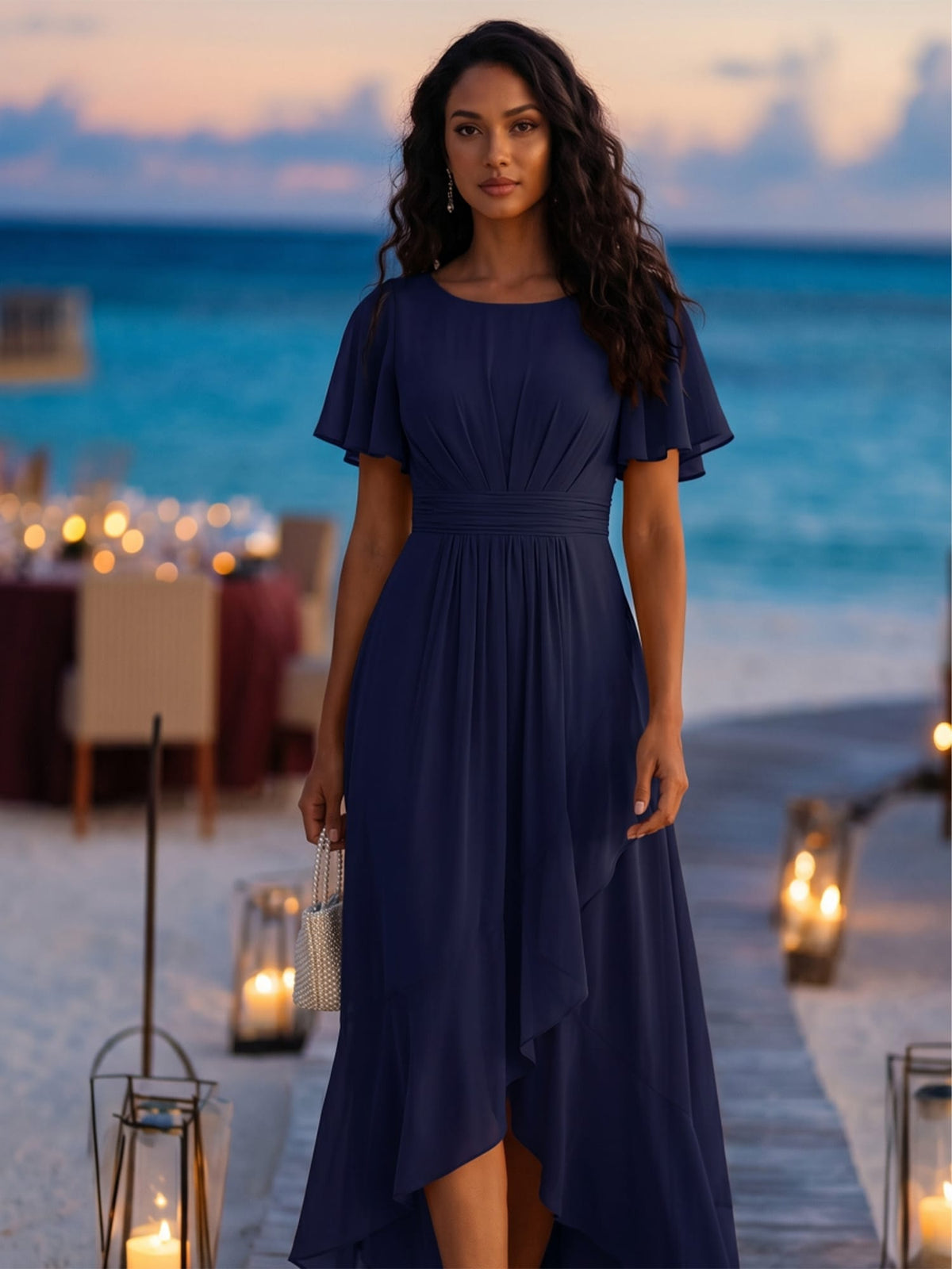 ever SAGE|Ruched Chiffon Ruffle Sleeve Wedding Guest Dress