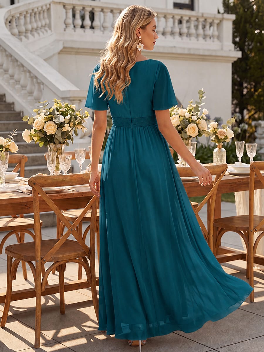 ever SAGE|Ruched Chiffon Ruffle Sleeve Wedding Guest Dress