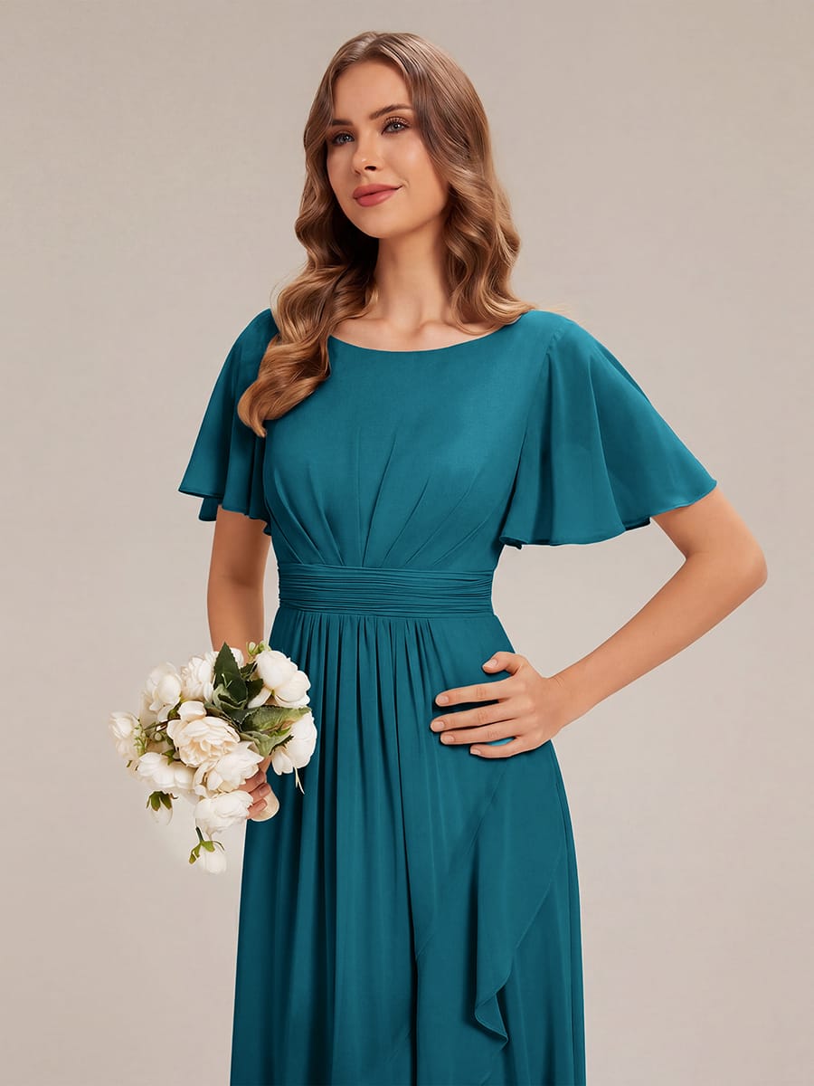 ever SAGE|Ruched Chiffon Ruffle Sleeve Wedding Guest Dress