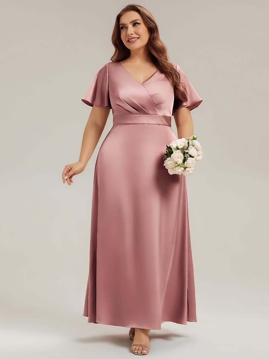 Satin Ruffle Sleeve A-Line Wedding Guest Dress