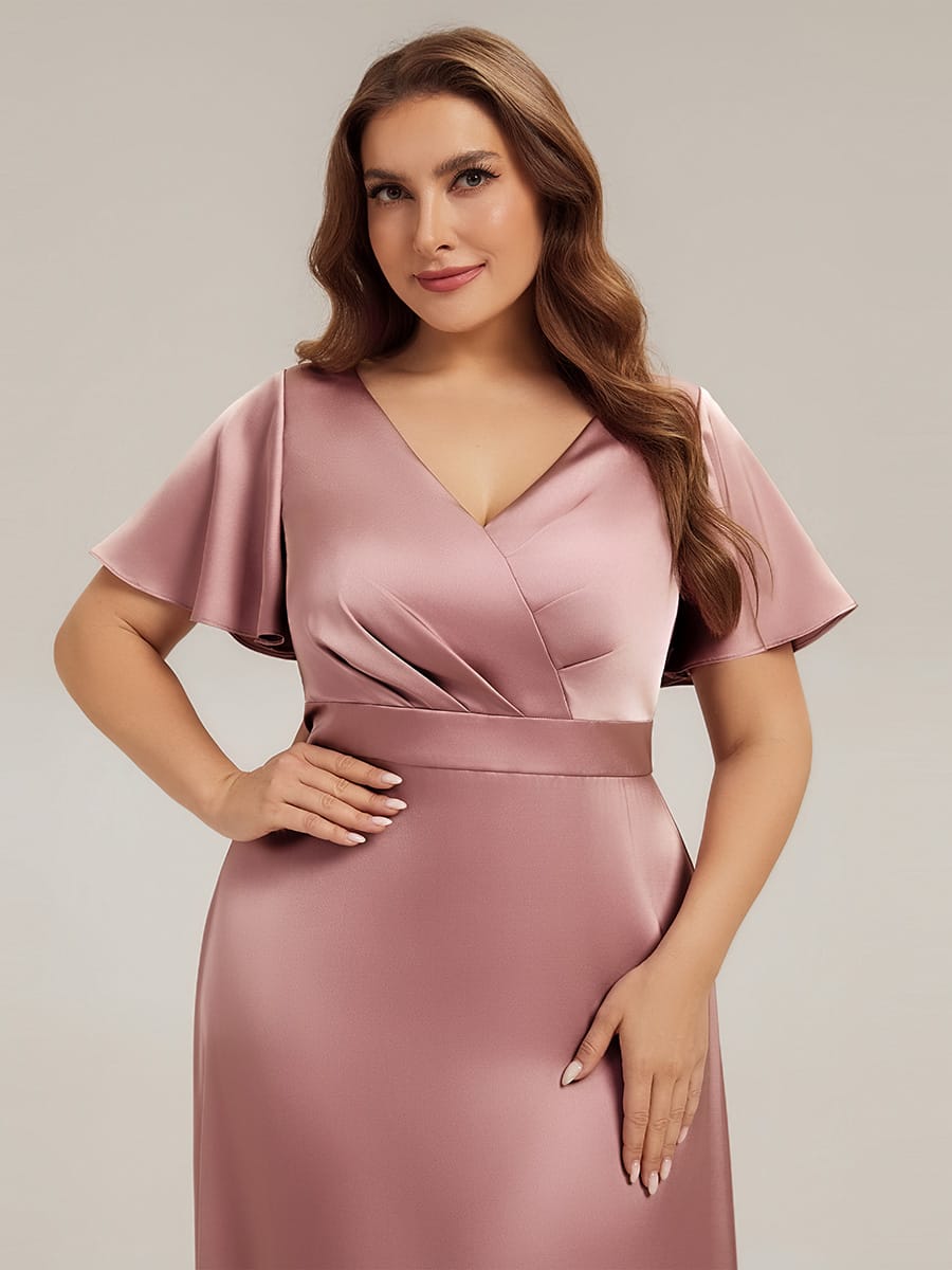 Satin Ruffle Sleeve A-Line Wedding Guest Dress