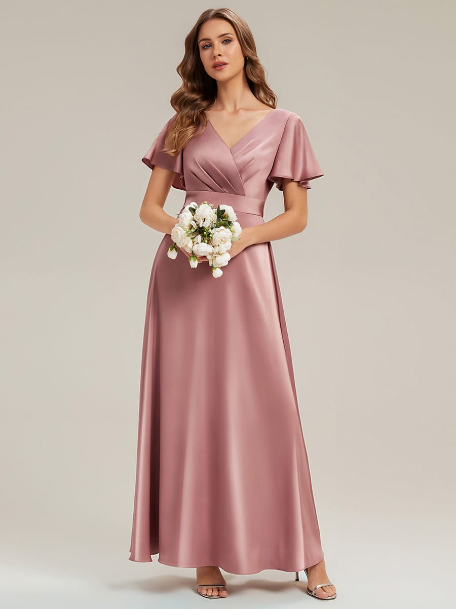 Satin Ruffle Sleeve A-Line Wedding Guest Dress