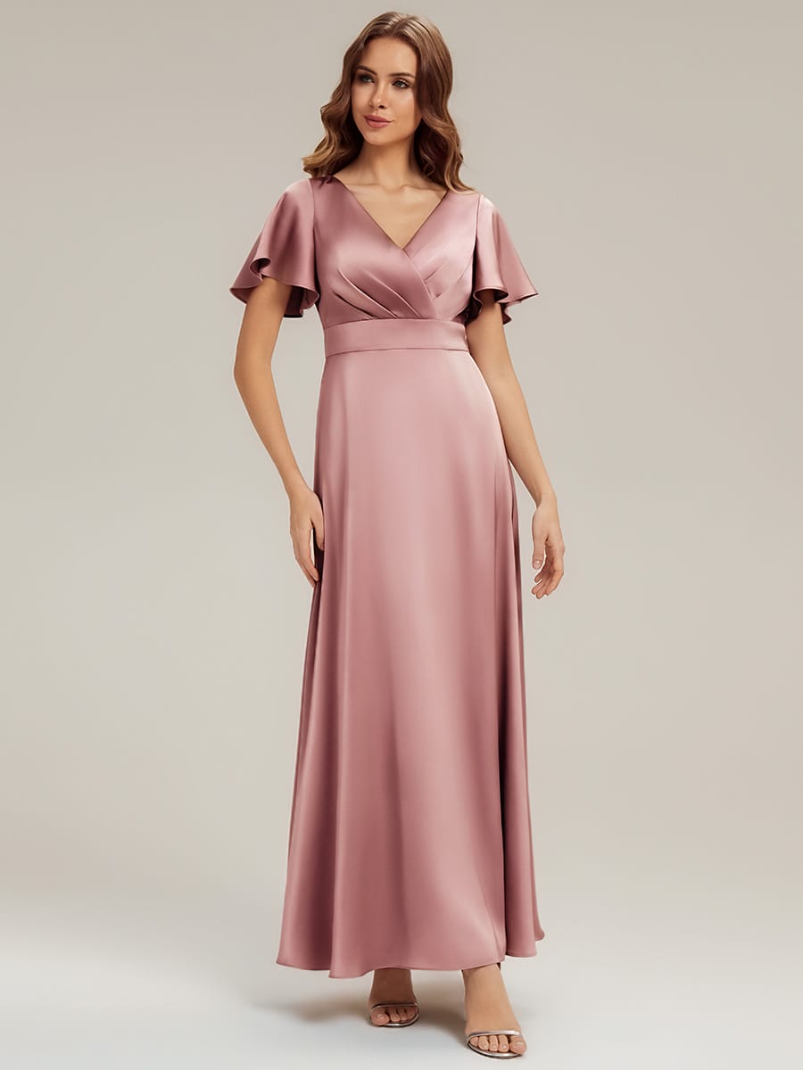 Satin Ruffle Sleeve A-Line Wedding Guest Dress