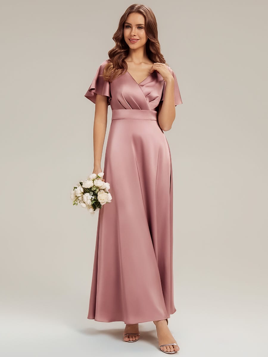 Satin Ruffle Sleeve A-Line Wedding Guest Dress