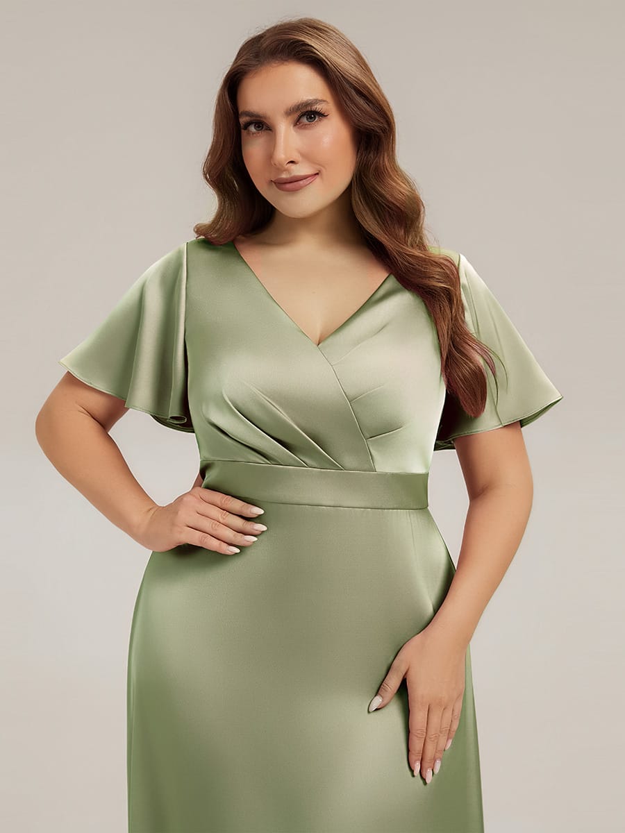 Satin Ruffle Sleeve A-Line Wedding Guest Dress