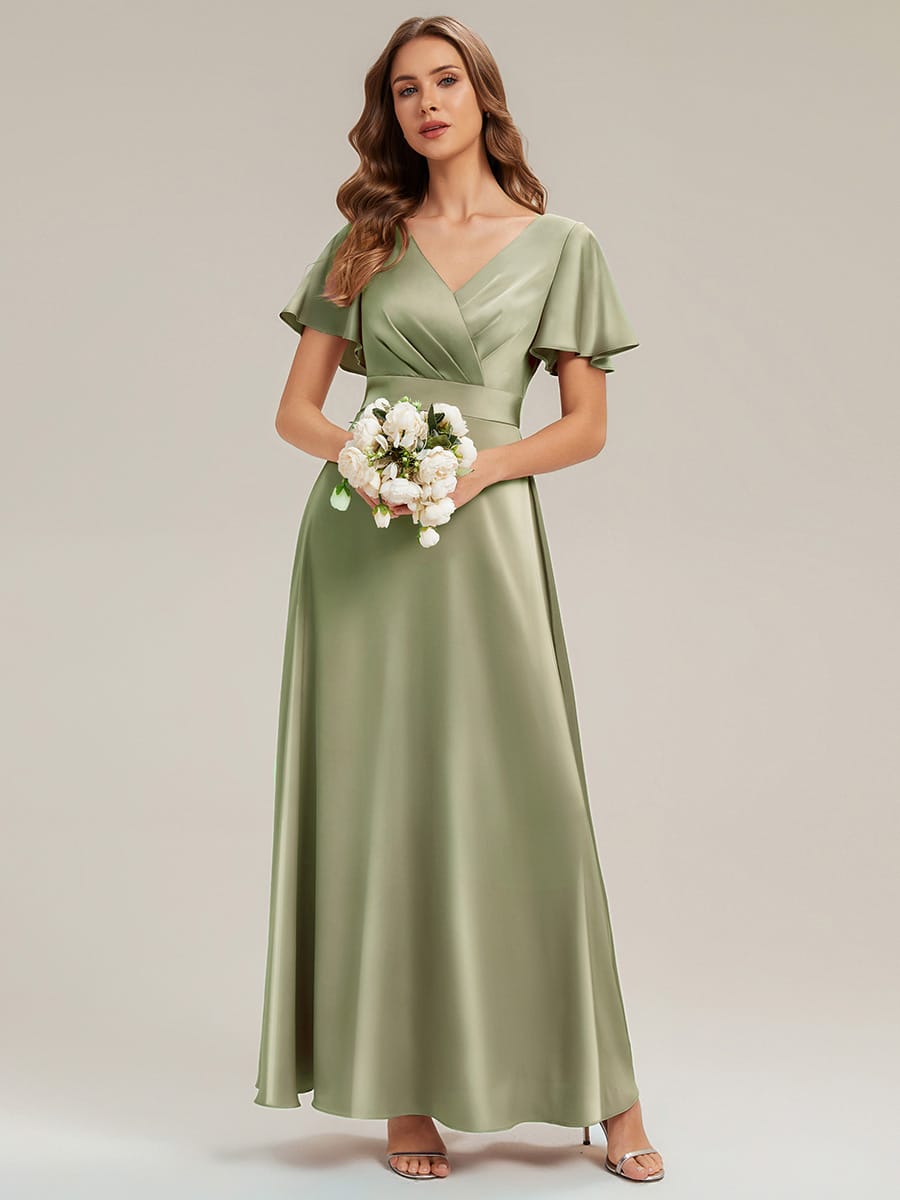 Satin Ruffle Sleeve A-Line Wedding Guest Dress