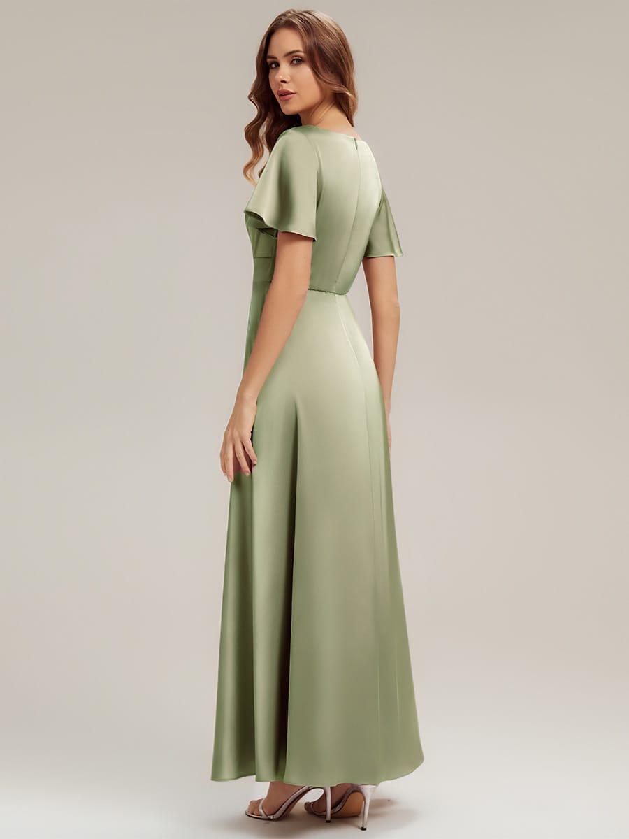 Satin Ruffle Sleeve A-Line Wedding Guest Dress