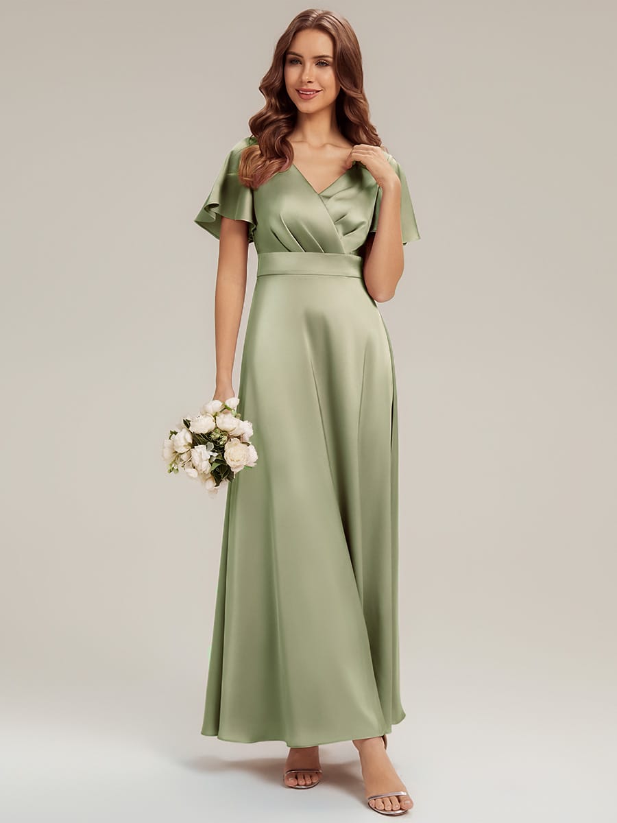 Satin Ruffle Sleeve A-Line Wedding Guest Dress