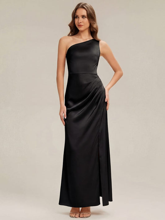 Thigh-High Slit Satin One-Shoulder Wedding Guest Dress