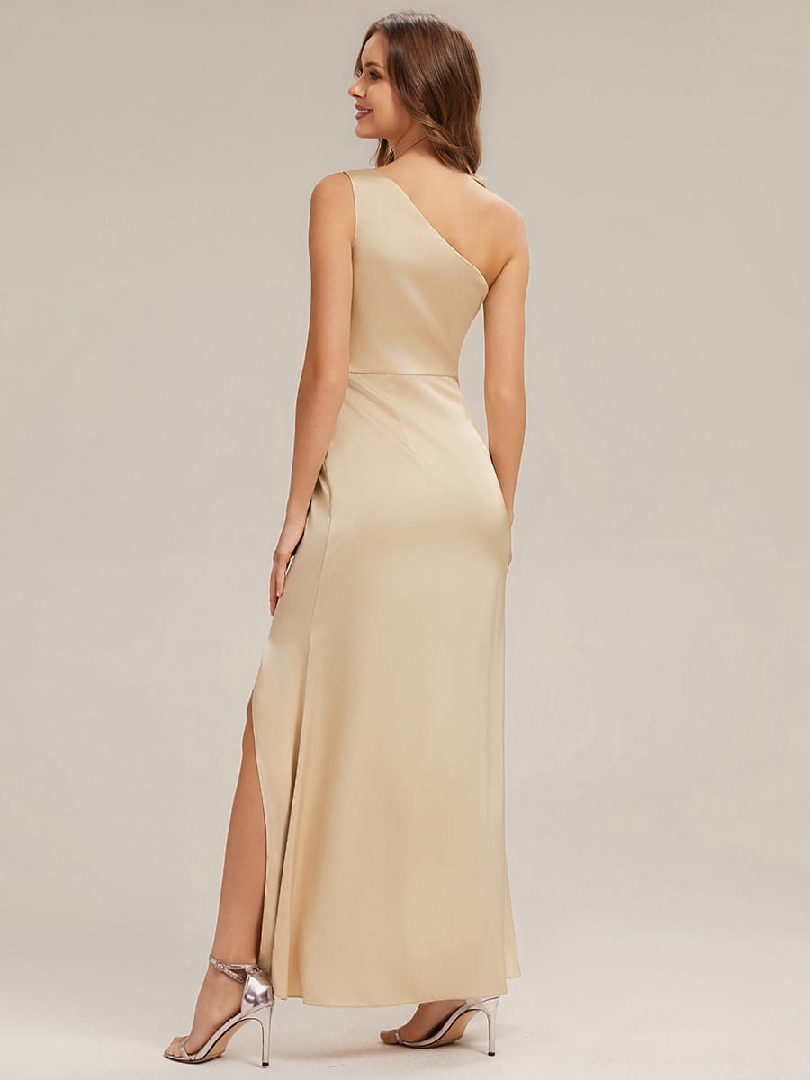Thigh-High Slit Satin One-Shoulder Wedding Guest Dress