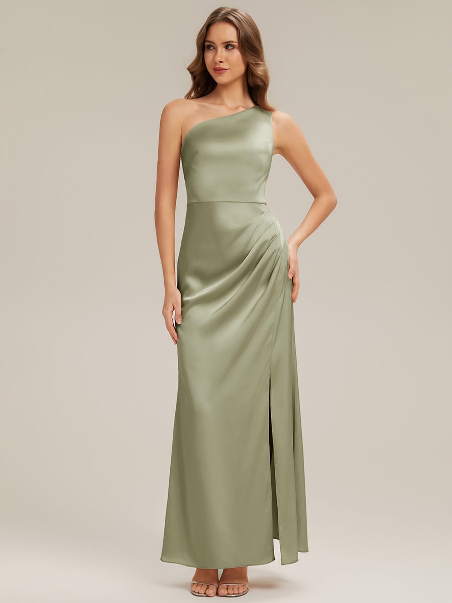 Thigh-High Slit Satin One-Shoulder Wedding Guest Dress