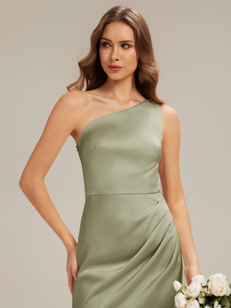 Thigh-High Slit Satin One-Shoulder Wedding Guest Dress