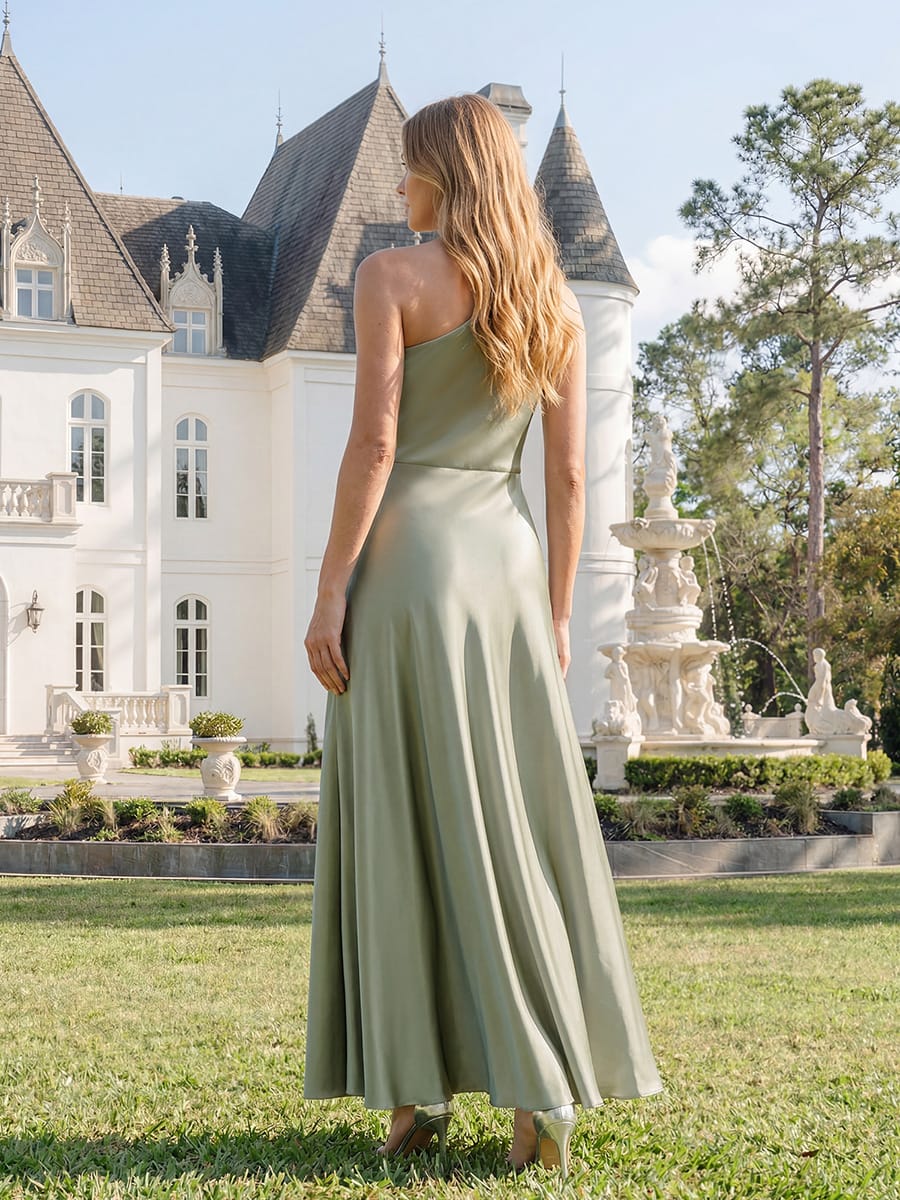 Knotted Satin One-Shoulder Wedding Guest Dress