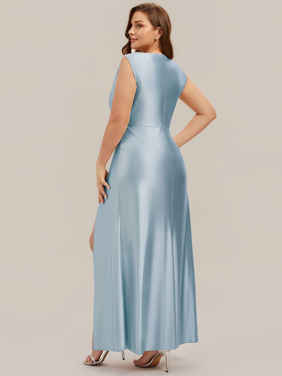 Cowl Neck Satin Drape and Slit Dress