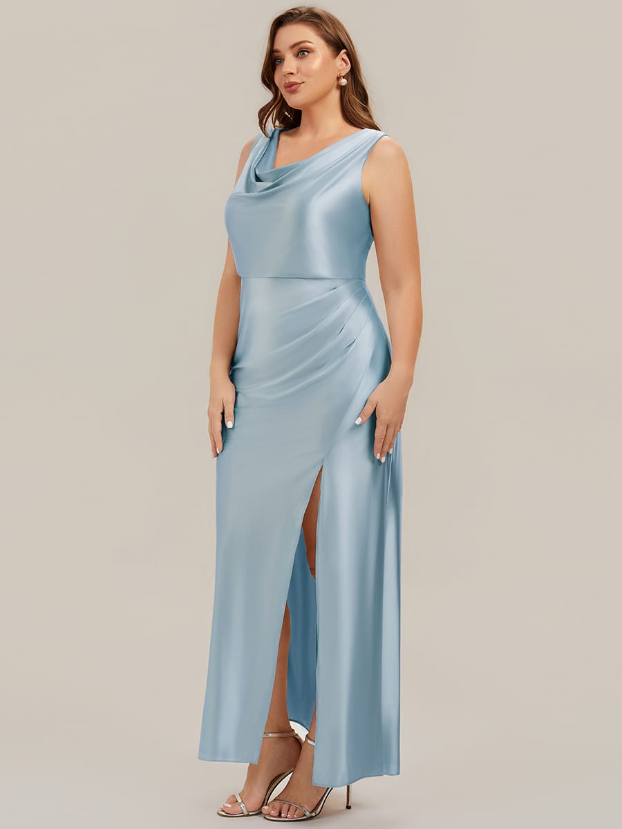 Cowl Neck Satin Drape and Slit Dress