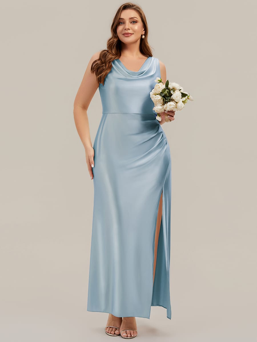 Cowl Neck Satin Drape and Slit Dress