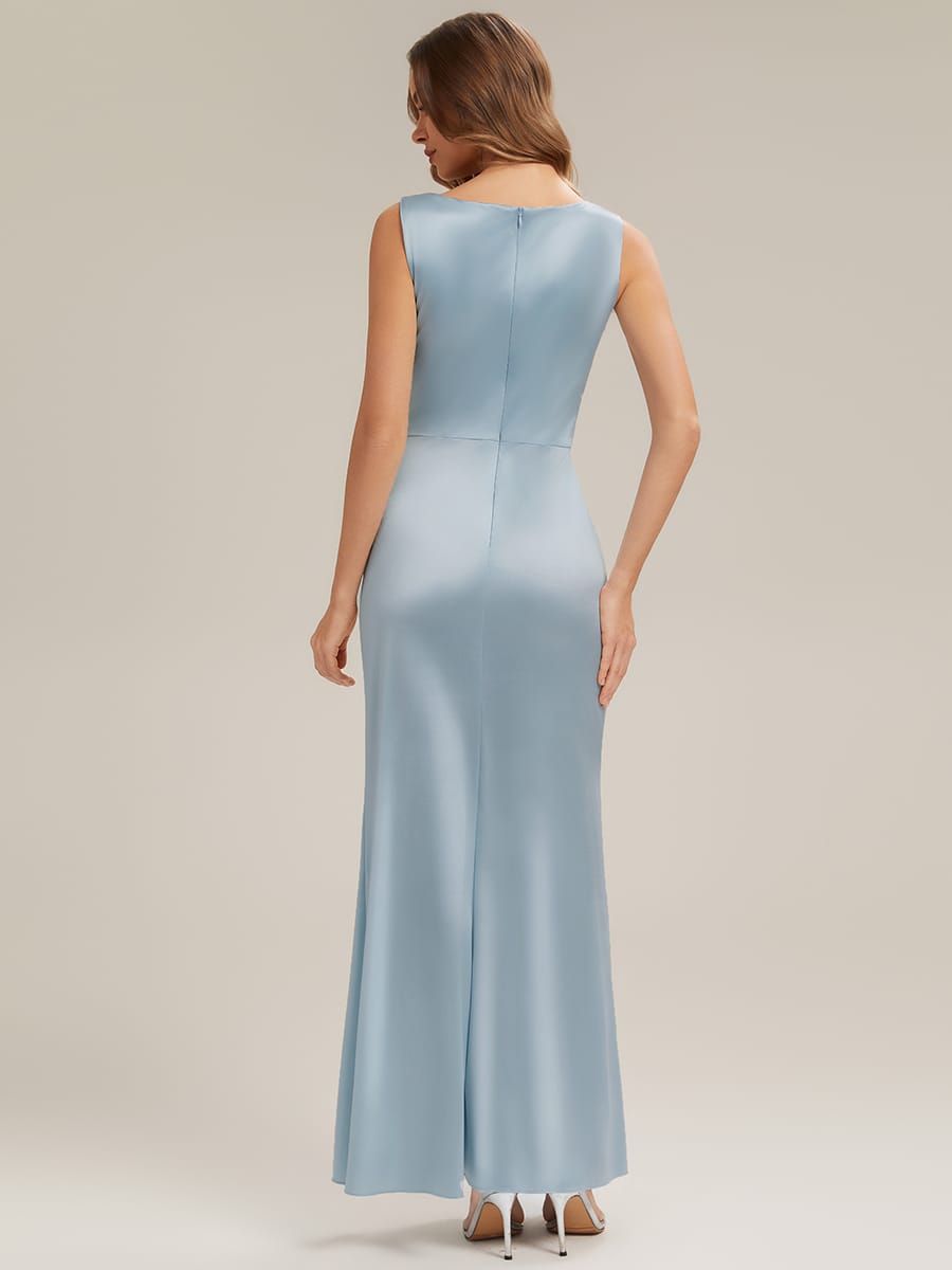 Cowl Neck Satin Drape and Slit Wedding Guest Dress