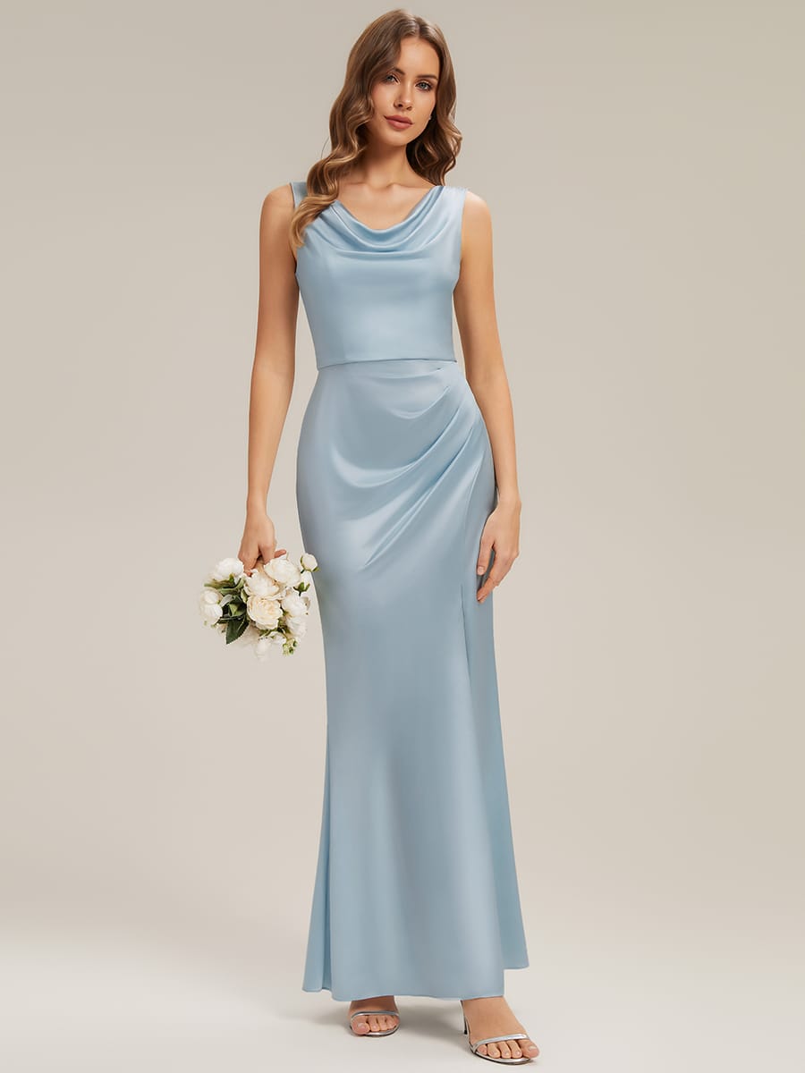 Cowl Neck Satin Drape and Slit Wedding Guest Dress