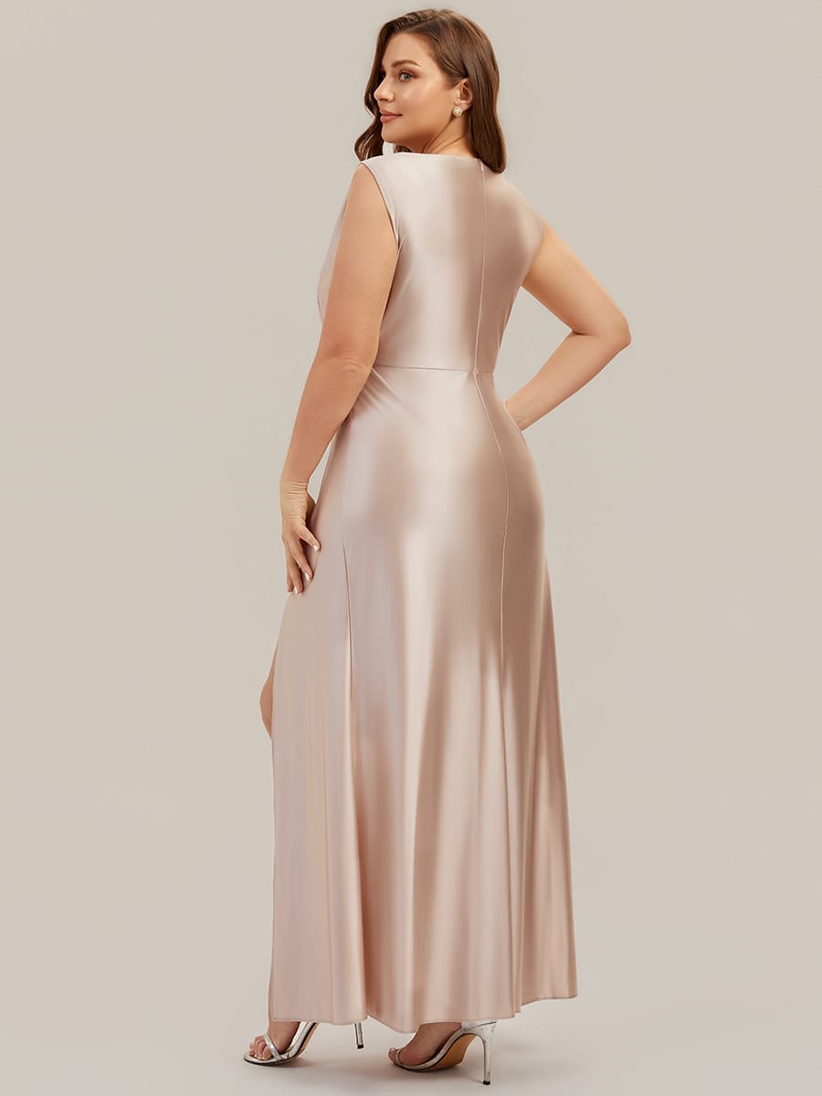 Cowl Neck Satin Drape and Slit Wedding Guest Dress