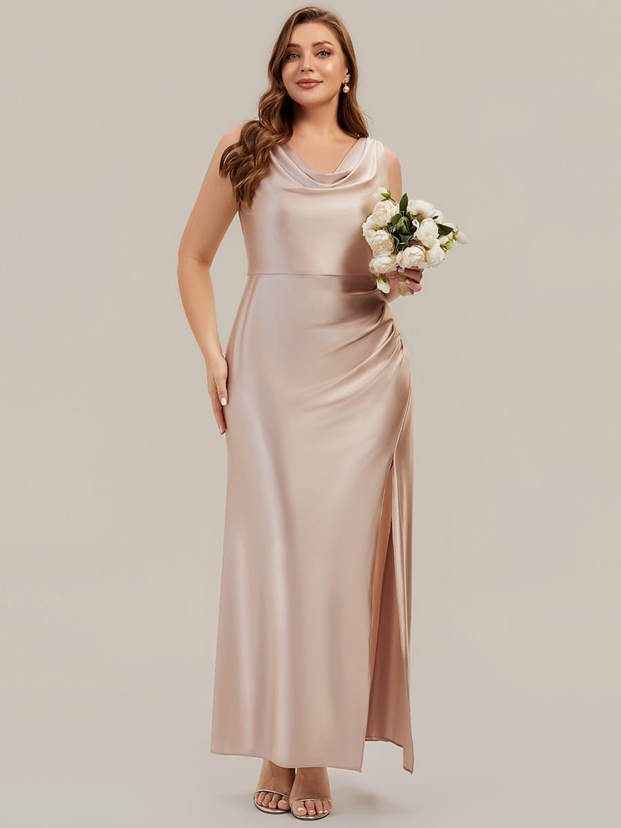 Cowl Neck Satin Drape and Slit Wedding Guest Dress