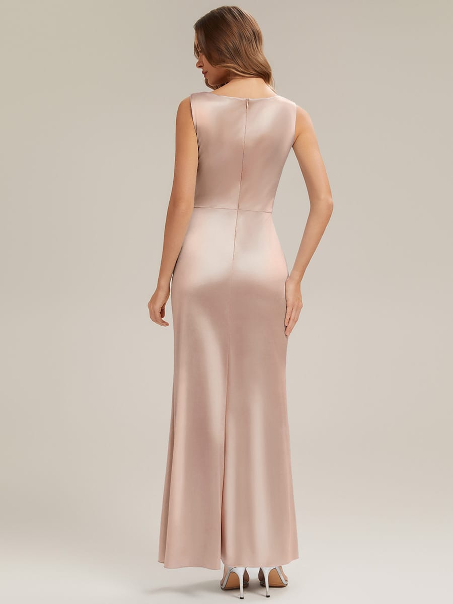 Cowl Neck Satin Drape and Slit Dress