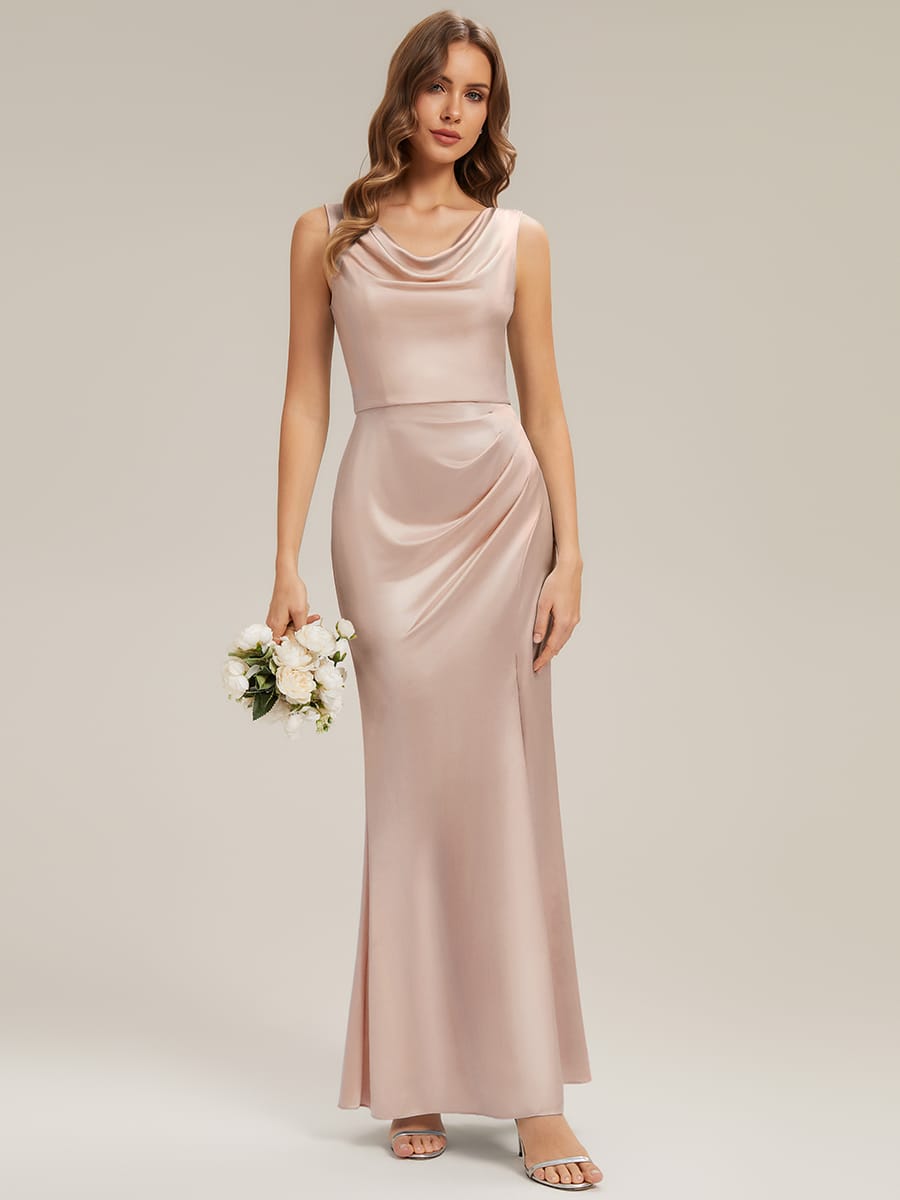 Cowl Neck Satin Drape and Slit Wedding Guest Dress