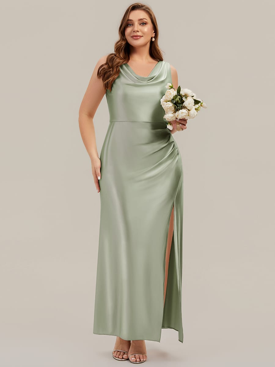 Cowl Neck Satin Drape and Slit Wedding Guest Dress