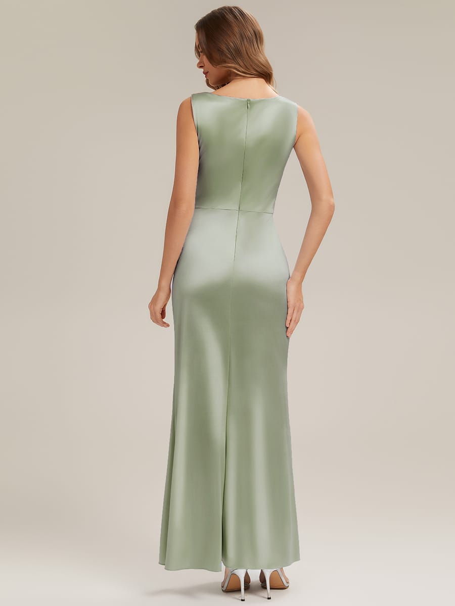 Cowl Neck Satin Drape and Slit Wedding Guest Dress