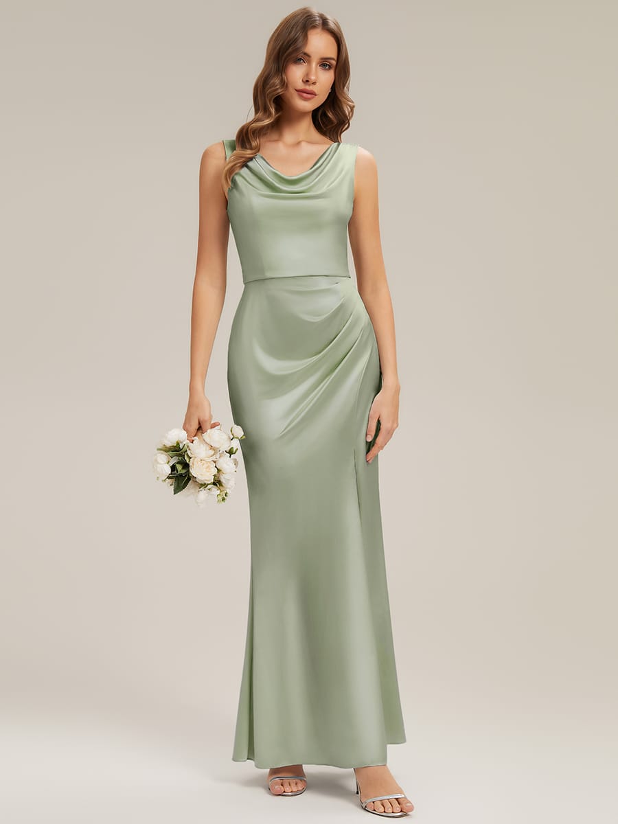 Cowl Neck Satin Drape and Slit Wedding Guest Dress