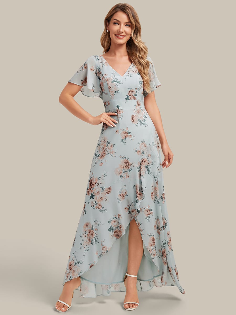 Floral Print and Flutter Sleeves Dress