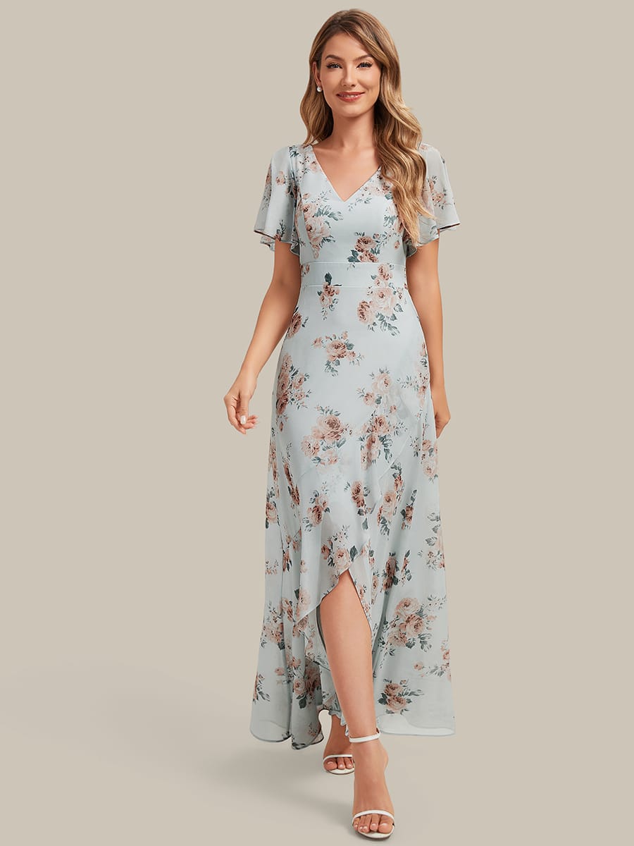 Floral Print and Flutter Sleeves Dress