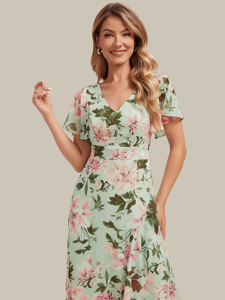 Floral Print and Flutter Sleeves Dress
