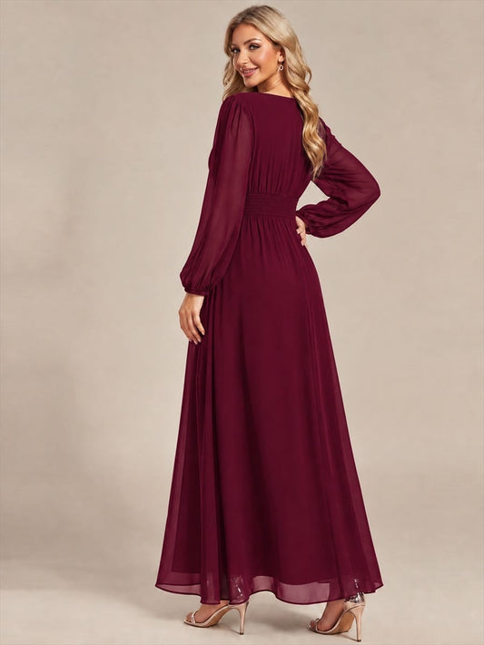 Sequin Waist Chiffon Puff Sleeve Bridesmaid Dress