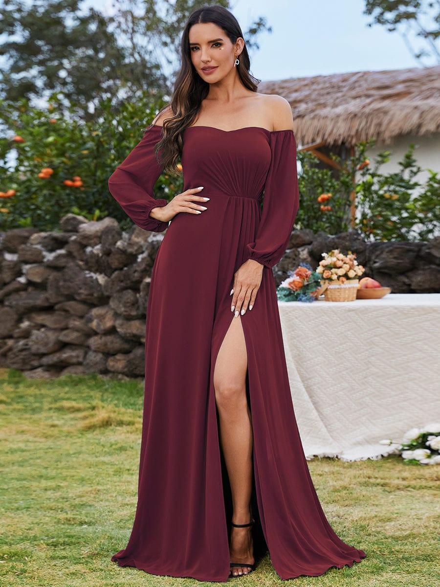 ever DANICA|Long Sleeve Chiffon Off Shoulder Evening Dresses with High Slit
