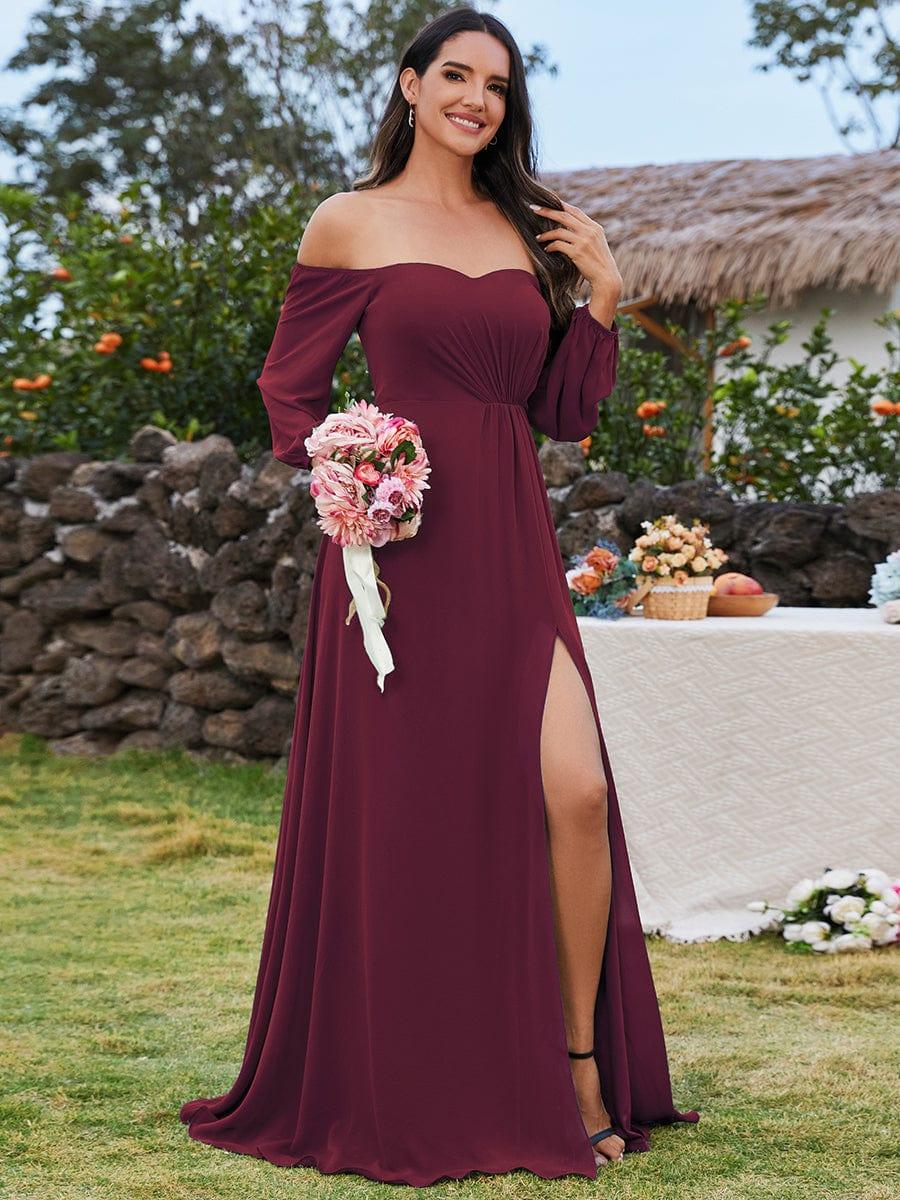 ever DANICA|Long Sleeve Chiffon Off Shoulder Evening Dresses with High Slit