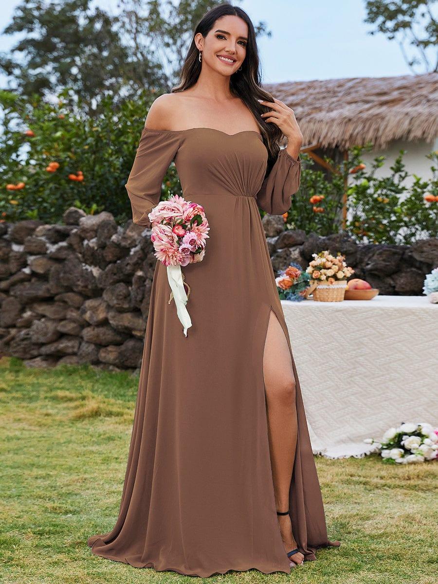 ever DANICA|Long Sleeve Chiffon Off Shoulder Wedding Guest Dresses with High Slit