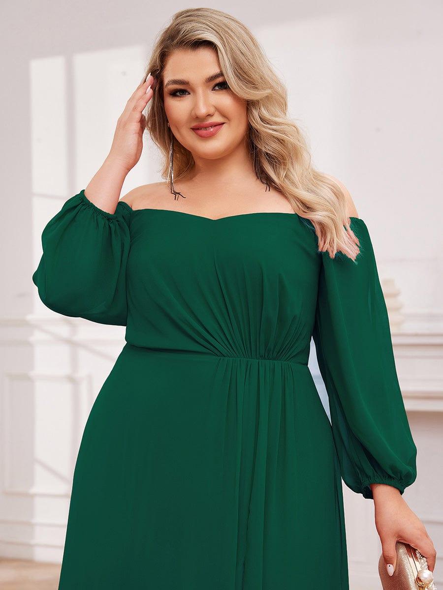 ever DANICA|Long Sleeve Chiffon Off Shoulder Dress with High Slit in Dark Green