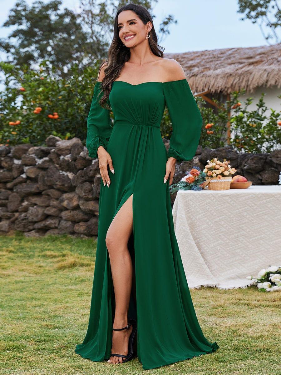 ever DANICA|Long Sleeve Chiffon Off Shoulder Evening Dresses with High Slit