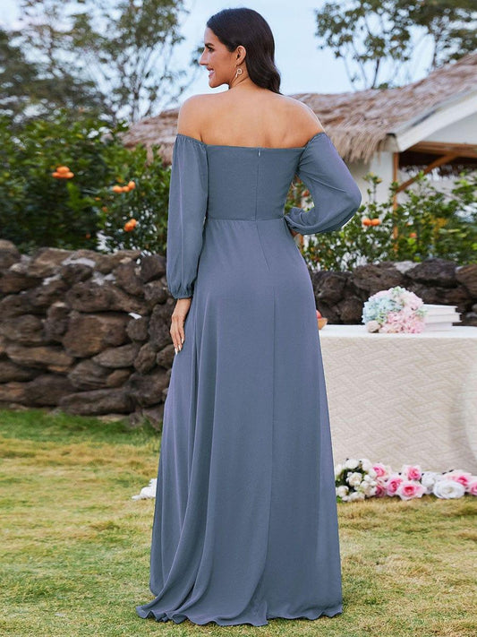 ever DANICA|Long Sleeve Chiffon Off Shoulder Dresses with High Slit in Dusty Blue