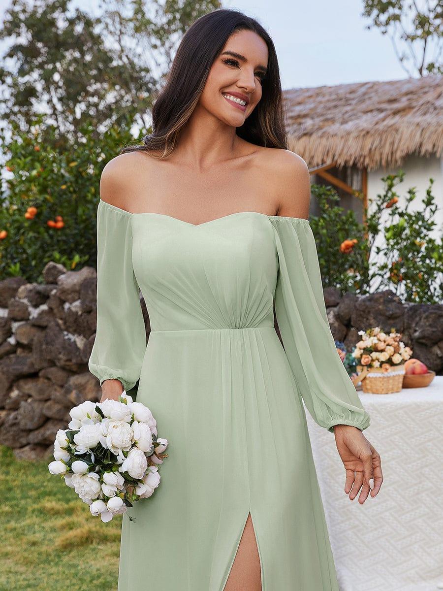 ever DANICA|Long Sleeve Chiffon Off Shoulder Wedding Guest Dresses with High Slit
