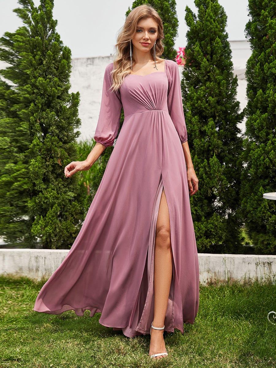 ever DANICA|Long Sleeve Chiffon Off Shoulder Wedding Guest Dresses with High Slit