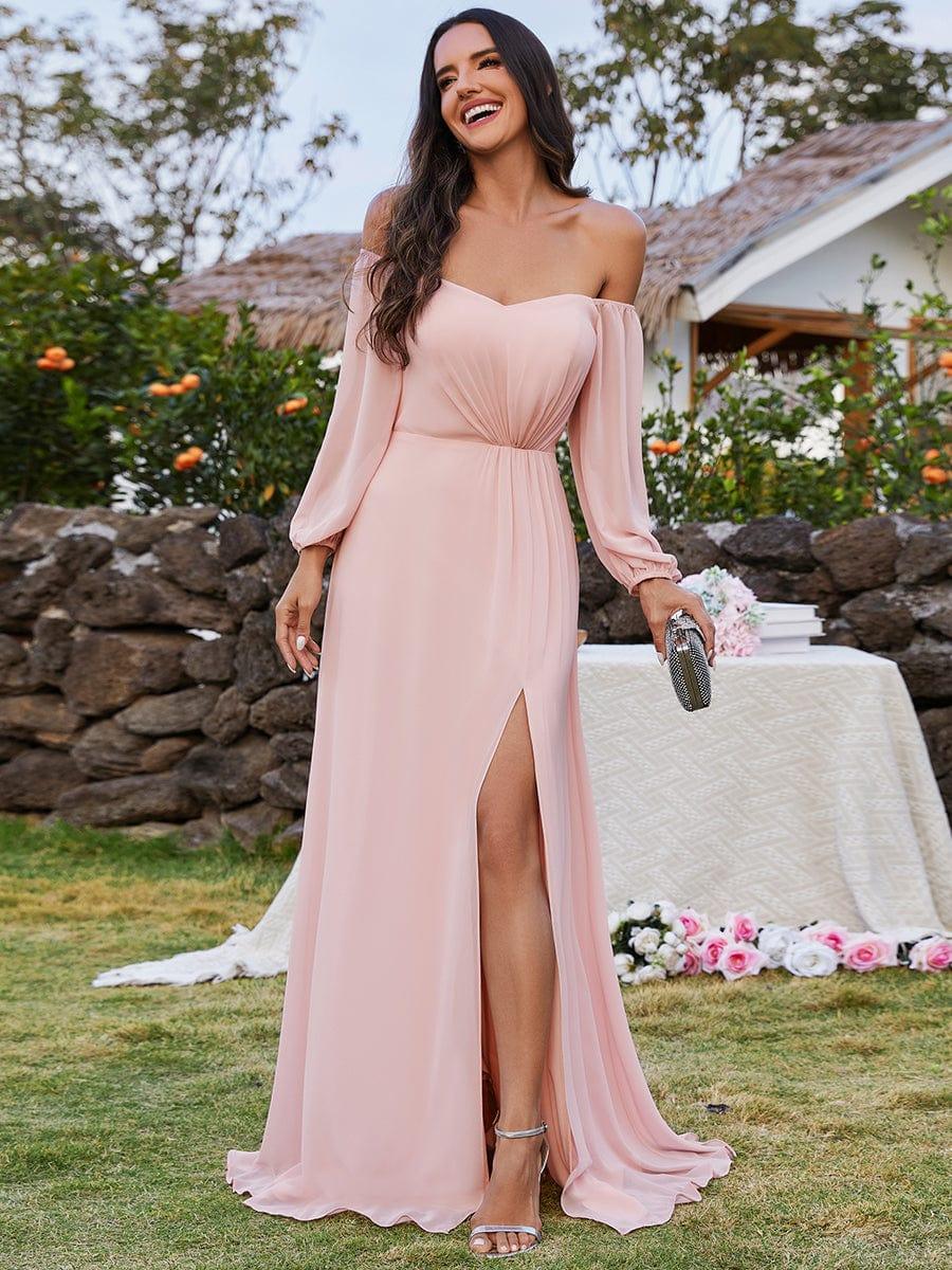 ever DANICA|Long Sleeve Chiffon Off Shoulder Wedding Guest Dresses with High Slit