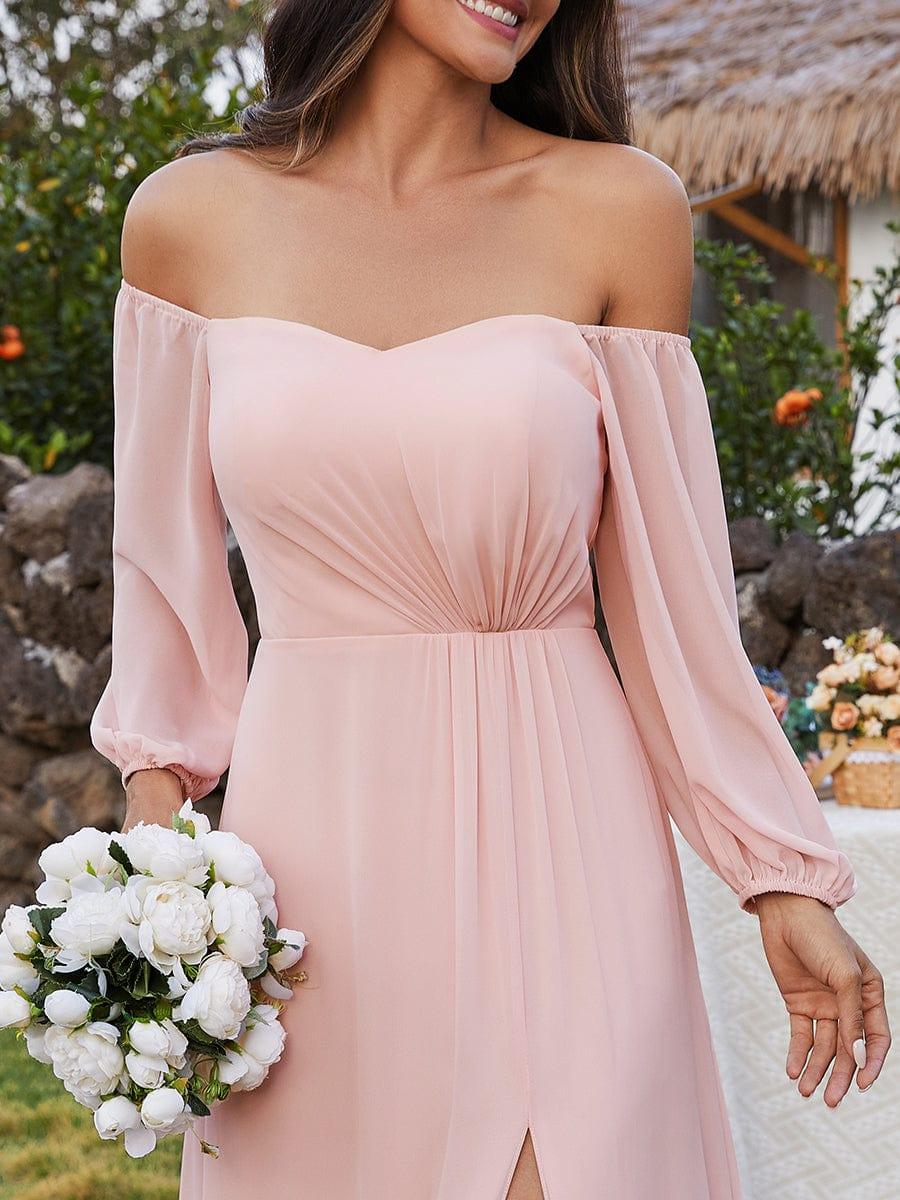 ever DANICA|Long Sleeve Chiffon Off Shoulder Dresses with High Slit In Pink