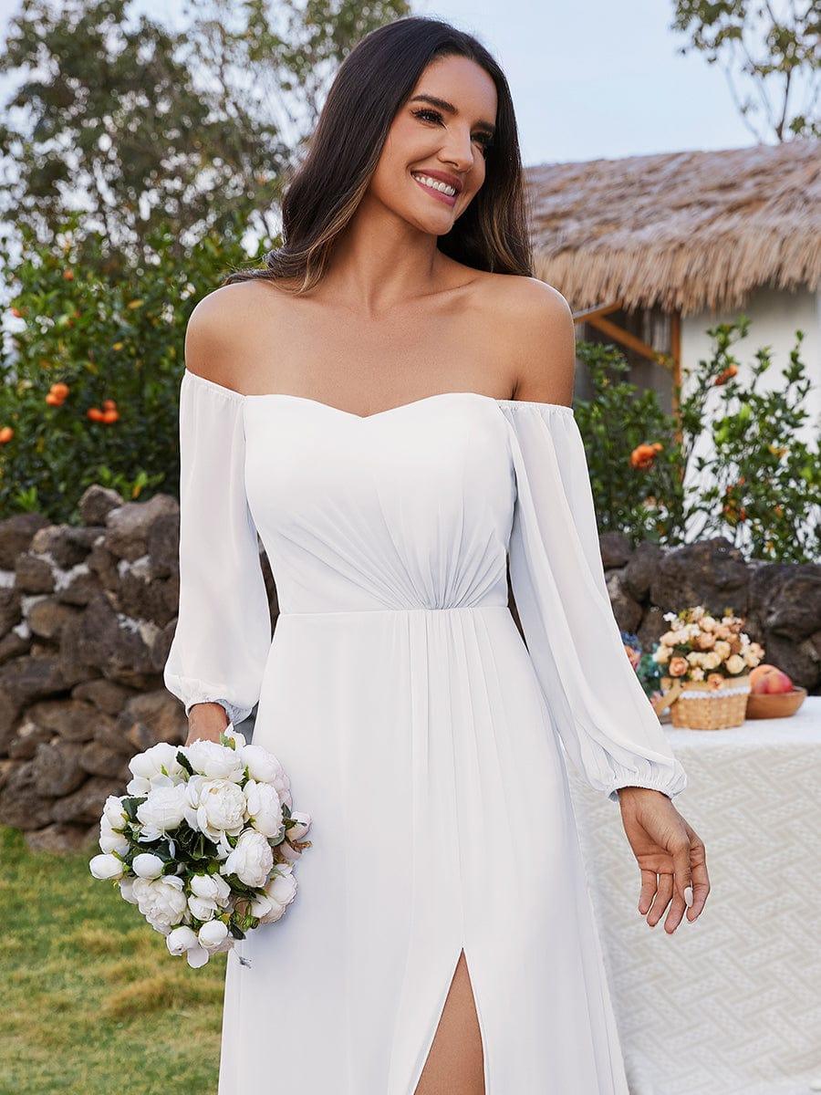ever DANICA|Long Sleeve Chiffon Off Shoulder Wedding Guest Dresses with High Slit