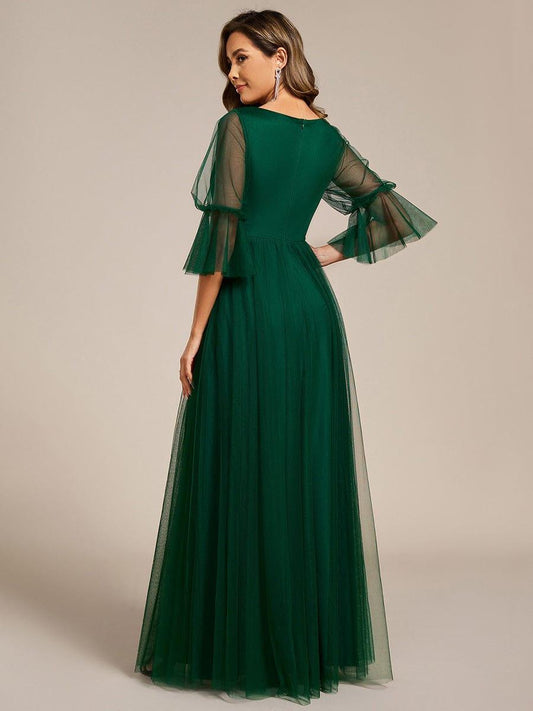 ever HEIDY|3/4 Sleeve Deep V-Neck Tulle Dress with Chain Waist Detail in Dark Green