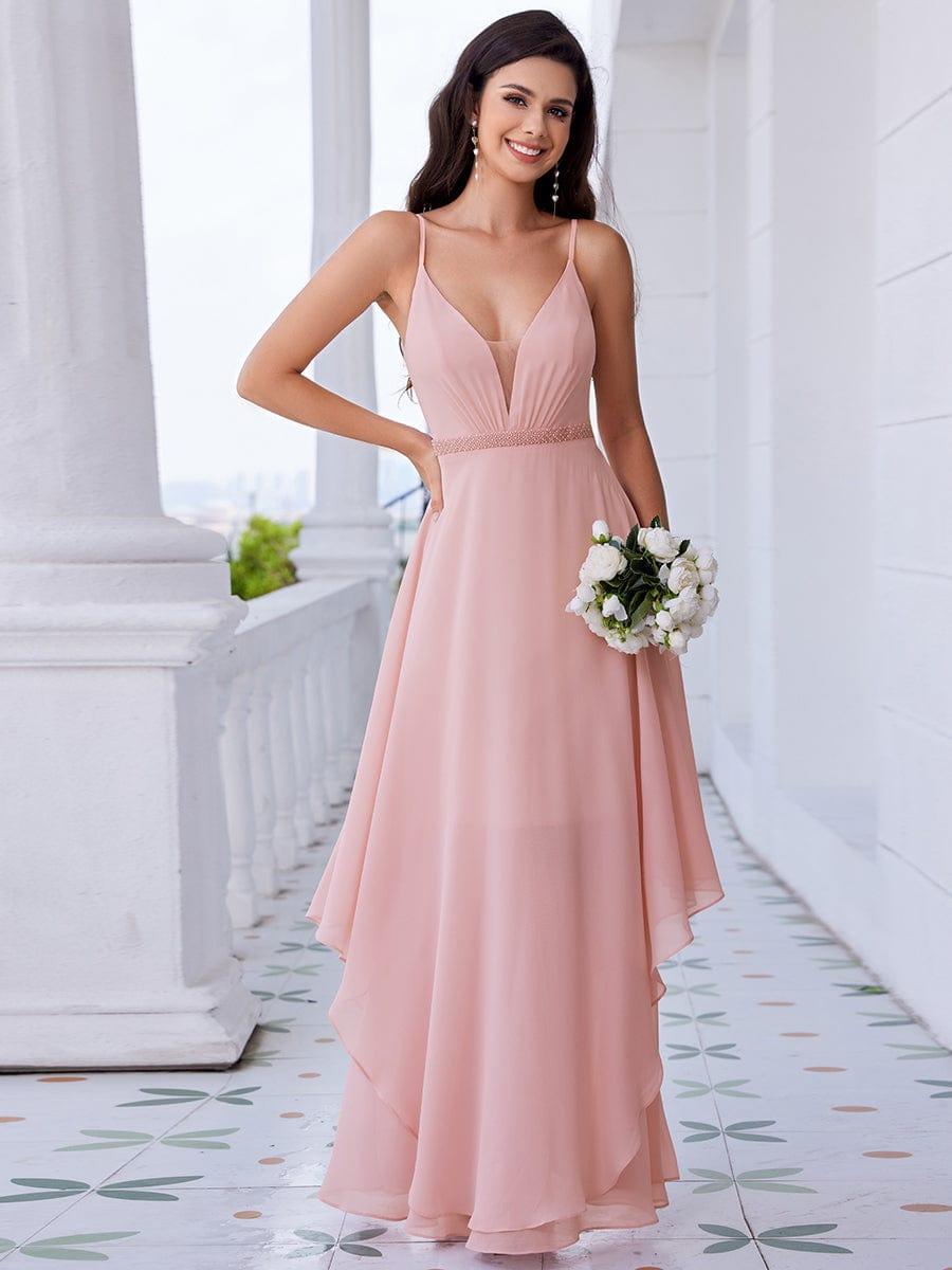 ever CLEMENT|Pearl-Embellished Waist Ruffled V-Neck Sleeveless Chiffon Bridesmaid Dress In Pink