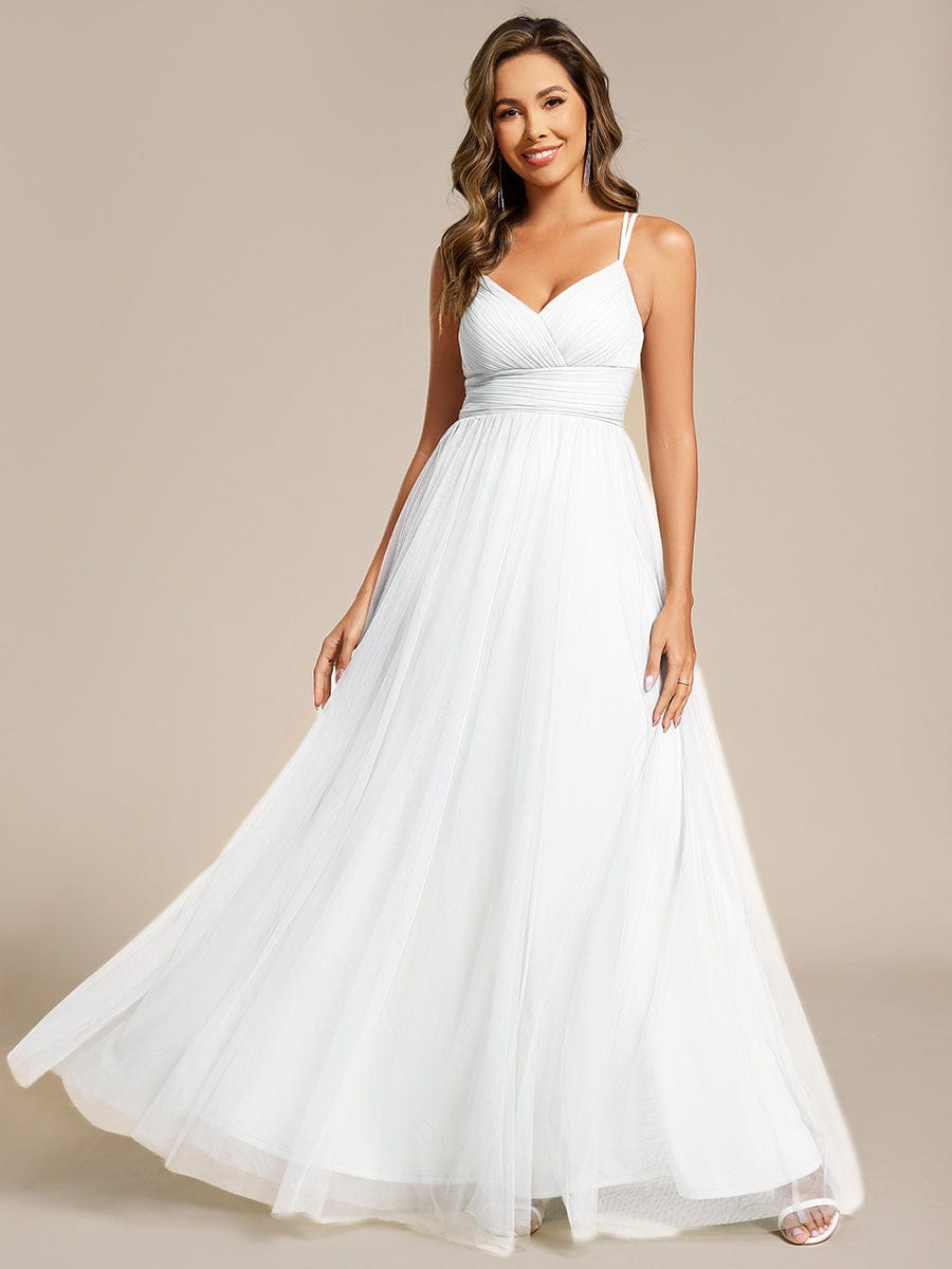 ever JAYCEE|Lace Back Cross-Strap V-Neck Pleated Sleeveless Tulle Bridesmaid Dress (Final Sale)