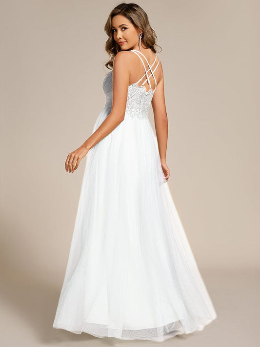 ever JAYCEE|Lace Back Cross-Strap V-Neck Pleated Sleeveless Tulle Bridesmaid Dress (Final Sale)